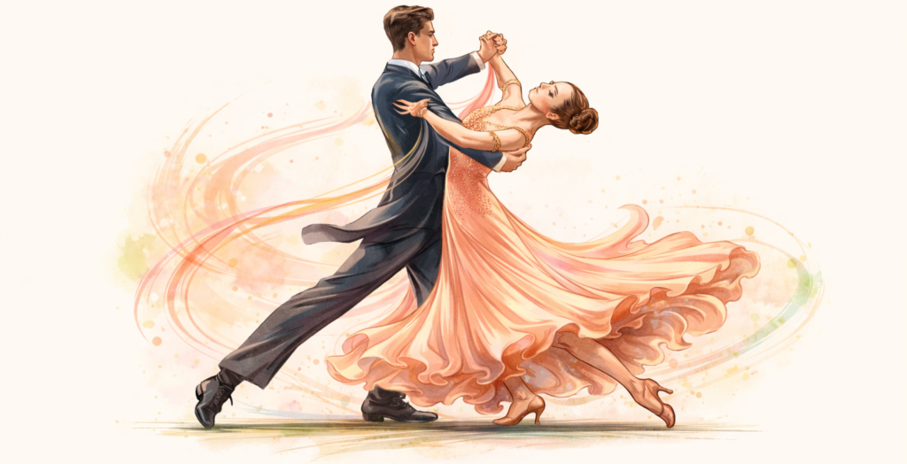 Illustration of an elegant ballroom dancing couple in motion, featuring a flowing peach gown and formal suit, captured with artistic pastel brushstrokes.