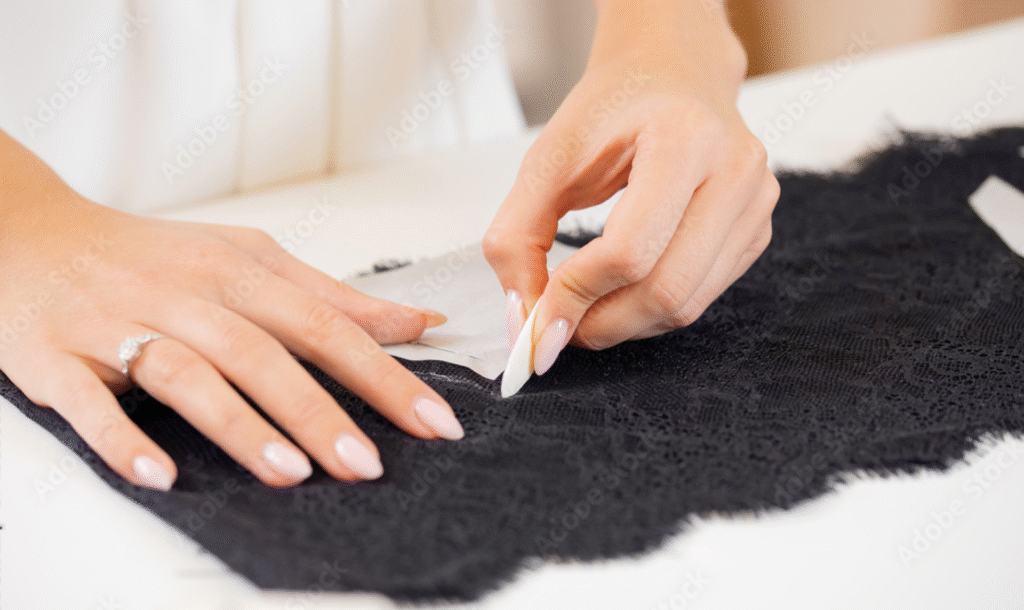 Close-up of hands tracing a pattern onto black lace fabric using a white tool and paper template.