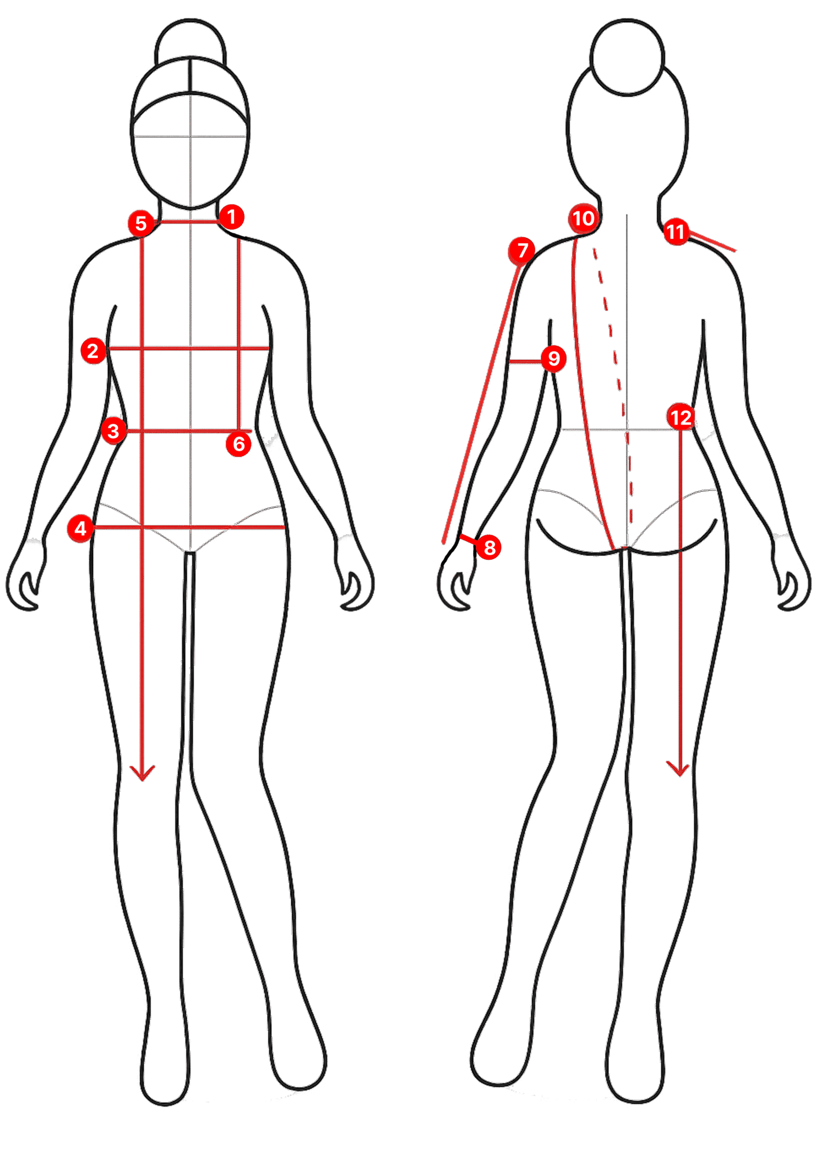 Outline diagrams of a juvenile figure from front and back, labeled with 12 red lines indicating body measurements such as head circumference, shoulder width, bust, waist, hips, arm lengths, and torso dimensions.