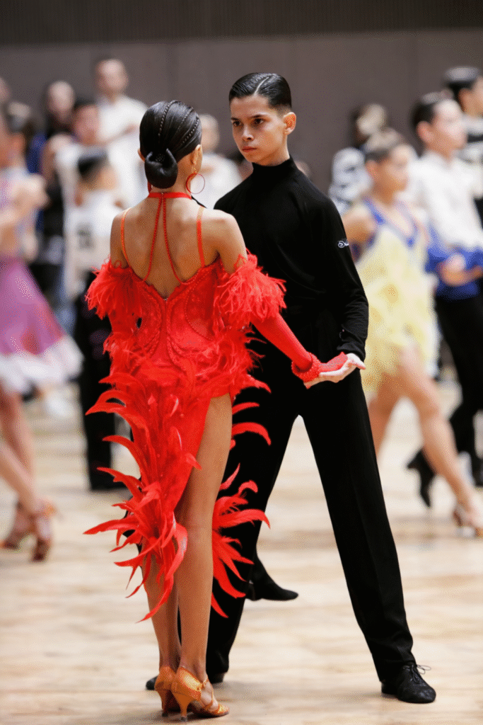 red feather latin dress ballroom dancers competition