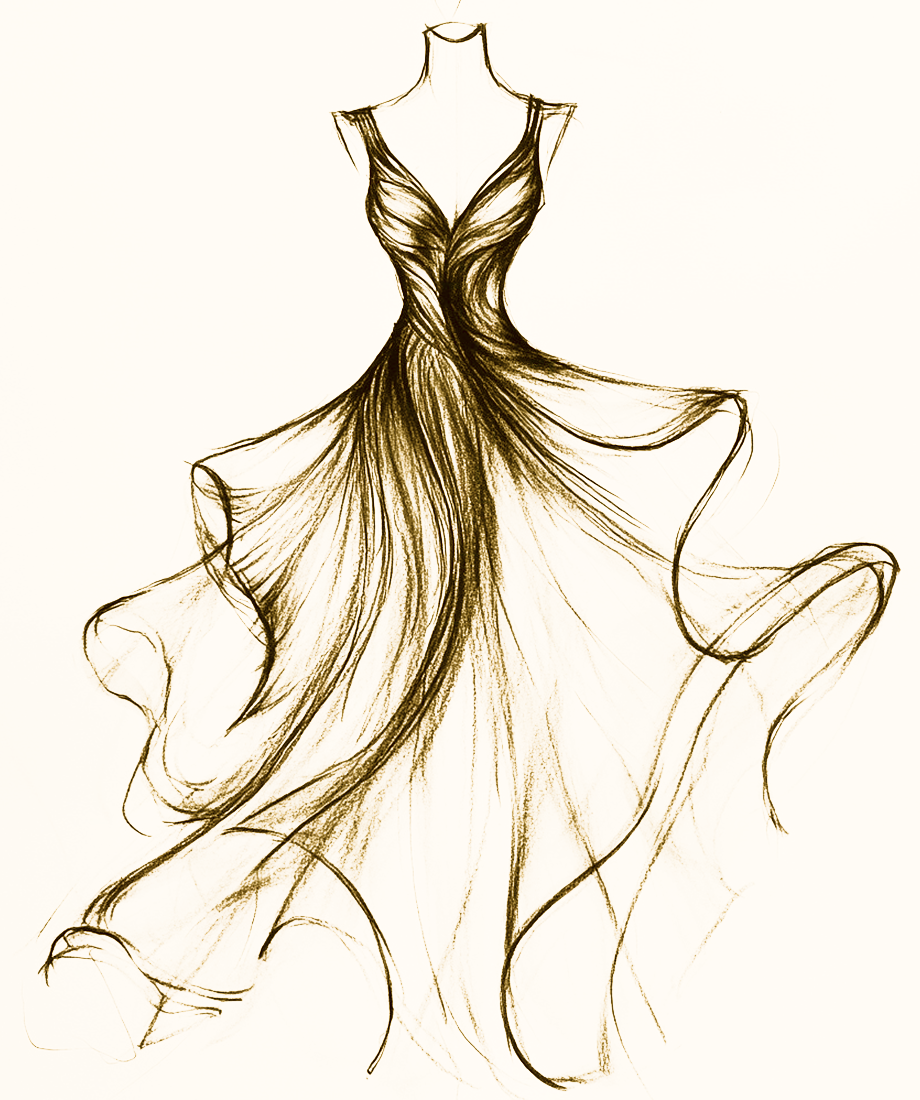 Fashion illustration of a sophisticated evening gown featuring a deep V-neck, thin straps, and a voluminous flowing skirt, rendered in expressive lines to convey motion and lightness.