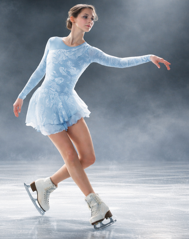 Figure skater in a light blue lace dress performing on an ice rink with arms extended and legs crossed gracefully.