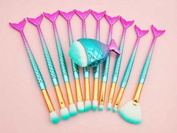 purple green fish tail makeup brush set 11pcs